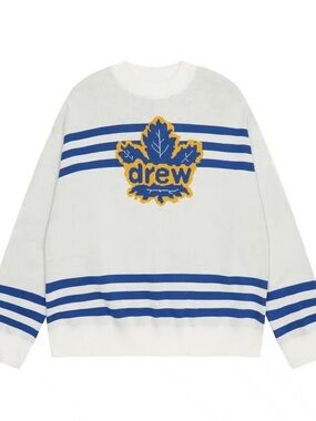 drew house White Crewneck with Blue Stripes and Yellow Logo